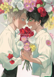 Rule 34 | 017moti, 2boys, absurdres, albus severus potter, black hair, blonde hair, blue eyes, bouquet, eye contact, face-to-face, flower, green eyes, harry potter (series), harry potter and the cursed child, highres, long sleeves, looking at another, multiple boys, open mouth, scorpius malfoy, short hair, smile, wizarding world, yaoi