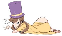 Rule 34 | 1girl, a hat in time, aged up, ass, barefoot, blue eyes, brown hair, cape, closed mouth, english text, feet, full body, grey background, hat, hat kid, long hair, looking at viewer, lying, naked cape, nude, on side, ponytail, purple hat, sidelocks, simple background, sketch, soles, solo, spicy bardo, swept bangs, top hat, v, white background
