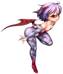 Rule 34 | 1girl, animal print, bat print, bat wings, boots, breasts, capcom, cleavage, demon girl, flat chest, from side, full body, gloves, grey pantyhose, hair between eyes, head wings, high heel boots, high heels, highres, legs apart, leotard, lilith aensland, m/, pantyhose, parted bangs, print pantyhose, purple hair, red eyes, short hair, solo, standing, standing on one leg, transparent background, vampire (game), wings