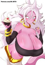 Rule 34 | 1girl, absurdres, android 21, blue eyes, bracelet, breasts, cleavage, colored skin, cupcake, detached sleeves, dragon ball, dragon ball fighterz, earrings, female focus, food, highres, huge breasts, jewelry, long hair, m-keto, majin (race), majin android 21, nail polish, navel, pink skin, pointy ears, ring, skindentation, solo, strapless, tail, tube top, white hair