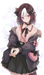 Rule 34 | 1girl, alternate costume, animal ears, belt, black nails, black skirt, blush, bow, bowtie, breasts, brooch, center frills, closed mouth, coat, collar, collared shirt, cowboy shot, ears down, frilled shirt collar, frills, frown, hair bow, horse ears, horse girl, horse tail, jewelry, long sleeves, ninjin nouka, open clothes, open coat, own hands together, purple eyes, shirt, shirt tucked in, short hair, skirt, small breasts, solo, special week (umamusume), tail, umamusume
