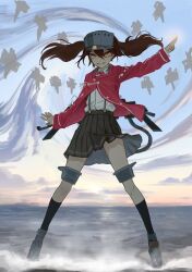 Rule 34 | 1girl, black skirt, black socks, brown hair, cloud, commentary, english commentary, grin, hat, highres, japanese clothes, kantai collection, kariginu, kneehighs, long hair, long sleeves, magatama, nito (nshtntr), ocean, onmyouji, orange eyes, outdoors, pleated skirt, ryuujou (kancolle), shikigami, shoes, skirt, sky, smile, socks, solo, standing, twintails, visor cap, water