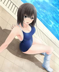 Rule 34 | 1girl, arm support, armpits, blue one-piece swimsuit, blue school swimsuit, breasts, brown eyes, brown hair, cleavage, competition school swimsuit, competition swimsuit, day, from above, from side, full body, hair between eyes, leg warmers, looking at viewer, looking up, loose socks, medium breasts, nonaka ritsu, one-piece swimsuit, open mouth, original, outdoors, pool, poolside, school swimsuit, shadow, short hair, sitting, socks, solo, swimsuit, water, white socks, wide-eyed