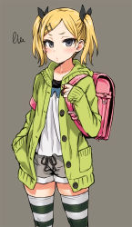 Rule 34 | 10s, 1girl, asanagi, backpack, bag, black eyes, blonde hair, blush, cardigan, flat chest, grey background, hair ornament, hairclip, hand in pocket, highres, looking at viewer, mole, mole under eye, open cardigan, open clothes, randoseru, shirobako, short hair, short twintails, shorts, simple background, solo, squiggle, striped clothes, striped thighhighs, thighhighs, twintails, yano erika, zettai ryouiki