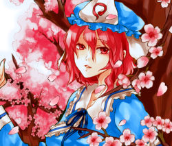 Rule 34 | 1girl, bad id, bad pixiv id, cherry blossoms, dada, dada (dolce), female focus, flower, hat, japanese clothes, petals, pink hair, red eyes, red hair, saigyouji yuyuko, solo, touhou
