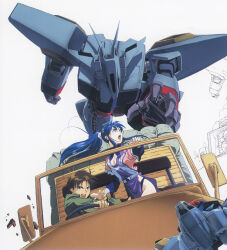 Rule 34 | 1990s (style), 1boy, 1girl, artist request, blue hair, brown hair, concept art, damaged, debris, driving, jeep, key visual, machinery, mecha, motor vehicle, multiple views, nataruma, official art, official style, orguss 02, orguss 02 (mecha), ponytail, production art, promotional art, rear-view mirror, retro artstyle, riin (orguss 02), robot, scan, science fiction, short hair, spacecraft, spoilers, starfighter, steering wheel, traditional media, transformation, white background