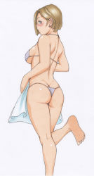 Rule 34 | 1girl, ass, back, bare shoulders, bikini, blush, breasts, brown eyes, brown hair, butt crack, commentary request, dimples of venus, feet, foot up, from behind, grey bikini, hair behind ear, holding, holding towel, large breasts, looking at viewer, looking back, median furrow, nemui333, short hair, shoulder blades, sideboob, simple background, soles, standing, standing on one leg, string bikini, swimsuit, thighs, thong bikini, toes, towel, traditional media, white background