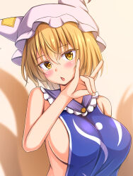 Rule 34 | 1girl, blonde hair, blush, breasts, fox shadow puppet, hat, highres, large breasts, looking at viewer, mob cap, mogura (mogura108), open mouth, short hair, sideboob, simple background, solo, tabard, touhou, upper body, white hat, yakumo ran, yellow background, yellow eyes