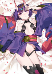 Rule 34 | 1girl, bare shoulders, bob cut, breasts, collarbone, eyeliner, fate/grand order, fate (series), forehead jewel, headpiece, hip focus, horns, ice (ice aptx), japanese clothes, kimono, lying, makeup, navel, obi, off shoulder, on back, oni, open clothes, open kimono, petals, purple eyes, purple hair, purple kimono, revealing clothes, sash, short eyebrows, short hair, shuten douji (fate), skin-covered horns, small breasts, solo, wide sleeves