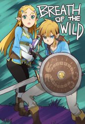 Rule 34 | 1boy, 1girl, blonde hair, blue hair, book, bow (weapon), copyright name, crossbow, full body, io naomichi, link, long hair, looking at viewer, nintendo, pointy ears, princess zelda, protecting, shield, sword, text focus, the legend of zelda, the legend of zelda: breath of the wild, weapon