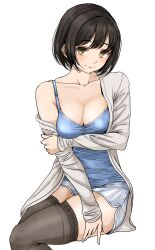 Rule 34 | 1girl, arm under breasts, black hair, black thighhighs, blue camisole, blush, breasts, camisole, cleavage, collarbone, dolphin shorts, gatsby ssl, highres, holding own arm, idolmaster, idolmaster cinderella girls, invisible chair, looking at viewer, medium breasts, short hair, shorts, side slit, simple background, single bare shoulder, sitting, smile, solo, takafuji kako, thighhighs, white background