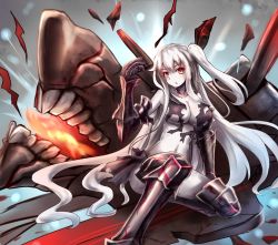 Rule 34 | 10s, 1girl, abyssal ship, aircraft carrier princess, breasts, gradient background, kantai collection, large breasts, long hair, one side up, red eyes, solo, sumapan, torn clothes, white hair