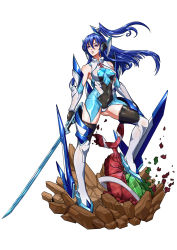 Rule 34 | 10s, 1girl, armor, bare shoulders, blue hair, blush, bodysuit, boots, breasts, cameltoe, covered erect nipples, covered navel, elbow gloves, full body, gauntlets, gloves, headgear, highres, holding, holding sword, holding weapon, kazanari tsubasa, knee boots, leotard, lips, long hair, looking up, md5 mismatch, medium breasts, noise (symphogear), parted lips, purple eyes, rubble, senki zesshou symphogear, shiny clothes, side ponytail, simple background, skin tight, solo, standing, sword, thigh boots, thighhighs, weapon, white background, white footwear, white thighhighs, zhen long