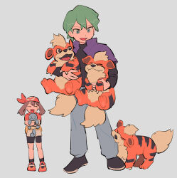 1boy 1girl :d bandana bike_shorts black_footwear black_shirt black_shorts black_socks blue_eyes blue_pants brown_hair creatures_(company) drew_(pokemon) full_body game_freak gen_1_pokemon green_hair growlithe holding holding_pokemon jacket kk_buc long_sleeves may_(pokemon) nintendo open_clothes open_jacket open_mouth pants pokemon pokemon_(anime) pokemon_(creature) pokemon_rse_(anime) purple_jacket red_bandana red_footwear red_shirt shirt shoes short_sleeves shorts smile socks squirtle white_background