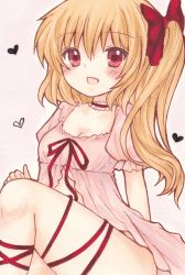 Rule 34 | 1girl, :d, absurdres, alternate costume, bad id, bad pixiv id, blonde hair, blush, breasts, choker, cleavage, commentary, commentary request, dress, feet out of frame, flandre scarlet, frilled choker, frilled sleeves, frills, hair ribbon, heart, highres, knee up, looking at viewer, medium breasts, medium hair, nightgown, no wings, open mouth, pink background, pink dress, puffy short sleeves, puffy sleeves, red choker, red eyes, red ribbon, ria (pixiv30053072), ribbon, short sleeves, side ponytail, simple background, sitting, smile, solo, stomach, texture, thighs, touhou, traditional media