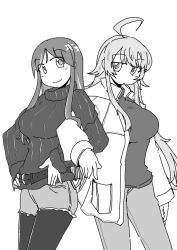 Rule 34 | 2girls, ahoge, alternate costume, belt, breasts, coat, commentary request, denim, denim shorts, greyscale, kantai collection, large breasts, locked arms, long hair, looking at viewer, monochrome, multicolored hair, multiple girls, pants, pantyhose, personification, ribbed sweater, shiki kyouzoku, short shorts, shorts, simple background, south dakota (kancolle), standing, star (symbol), sweater, washington (kancolle), winter clothes, winter coat