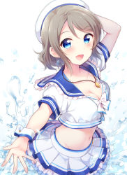 Rule 34 | 1girl, :d, anchor earrings, beret, blue eyes, blue sailor collar, blush, breasts, brown hair, circle skirt, cleavage, commentary request, crop top, earrings, hat, hazuki (sutasuta), highres, jewelry, looking at viewer, love live!, love live! school idol festival, love live! sunshine!!, medium breasts, midriff, navel, necklace, open mouth, sailor collar, short hair, skirt, smile, solo, watanabe you, water, white hat, white skirt, wrist cuffs