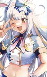 Rule 34 | 1girl, animal ears, blush, breasts, commentary request, grey hair, hair between eyes, hair ornament, headband, highres, long hair, looking at viewer, medium breasts, midriff, mochizuki himari, navel, one eye closed, open mouth, rabbit ears, rokico, simple background, solo, uni create, uniform, v, virtual youtuber, white background