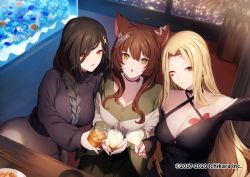 Rule 34 | 3girls, :d, ahoge, animal ears, black dress, black hair, blonde hair, blurry, blurry background, braid, breasts, brown hair, choker, chopsticks, cleavage, cup, depth of field, dress, drinking glass, earrings, facial mark, fox ears, from above, fumi (nijisanji), genyaky, green shirt, hair ornament, heart, holding, holding cup, indoors, jewelry, large breasts, long hair, long sleeves, luis cammy, multiple girls, nail polish, nijisanji, official art, open mouth, parted lips, purple sweater, red choker, red eyes, ribbed sweater, shirayuki tomoe, shirt, single braid, sitting, skirt, smile, sweater, very long hair, virtual youtuber, watermark, white skirt, window, yellow eyes