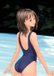 Rule 34 | 1girl, ass, back, bare shoulders, blush, brown eyes, brown hair, forest, i&quot;s, koro chan fan club, lips, looking back, nature, short hair, solo, standing, swimsuit, water, yoshizuki iori