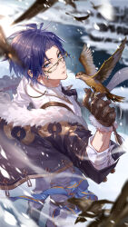 Rule 34 | 1boy, bird, bird on hand, black footwear, black jacket, black necktie, blue eyes, blue hair, blue sash, blurry, blurry background, boots, brown gloves, clarence clayden, collared shirt, cuff links, curtained hair, dark blue hair, eyewear strap, feet out of frame, from above, from behind, fur-trimmed gloves, fur-trimmed jacket, fur trim, glasses, gloves, grey pants, hand up, highres, jacket, long sleeves, looking at viewer, looking back, lovebrush chronicles, male focus, mole, mole under eye, motion blur, necktie, off shoulder, official art, open clothes, open jacket, over-rim eyewear, pants, parted bangs, pouch, qinnye, sash, semi-rimless eyewear, shirt, short hair, snow, snowing, solo, standing, suspenders, thigh pouch, weibo logo, weibo watermark, white shirt, wind, yellow-framed eyewear