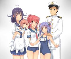Rule 34 | 1boy, 4girls, admiral (kancolle), aged down, ahoge, anchor symbol, apron, arm behind back, bad id, bad twitter id, black legwear, blouse, blue hair, blue one-piece swimsuit, blunt bangs, blush, breasts, character name, cleavage, commentary request, competition school swimsuit, cowboy shot, flower-shaped pupils, gradient background, grey background, hair between eyes, hair flaps, hair ribbon, hat, i-168 (kancolle), i-19 (kancolle), i-58 (kancolle), jewelry, kantai collection, looking at viewer, low twintails, magatama, medium breasts, military, military hat, military uniform, multiple girls, name tag, naval uniform, neckerchief, necklace, one-piece swimsuit, open mouth, osananajimi neko, pantyhose, peaked cap, pink hair, pleated skirt, purple hair, red eyes, ribbon, sailor collar, school swimsuit, school uniform, serafuku, shirt, short hair, simple background, skin tight, skirt, small breasts, smile, standing, swimsuit, swimsuit under clothes, symbol-shaped pupils, taigei (kancolle), tri tails, twintails, uniform, whale, white hat, white shirt