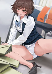 Rule 34 | 1girl, akiyama yukari, alternate costume, black footwear, black skirt, black vest, blue bow, blue bowtie, blurry, blurry background, blush, bow, bowtie, brown eyes, brown hair, collared shirt, commentary request, crotch seam, crying, crying with eyes open, depth of field, dress shirt, fallen down, frown, girls und panzer, half-closed eyes, hami dmg, high heels, indoors, leaning to the side, long sleeves, messy hair, miniskirt, no legwear, office lady, open mouth, panties, pantyshot, partial commentary, pencil skirt, shirt, short hair, sitting, skirt, solo, tears, underwear, vest, white panties, white shirt