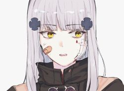 Rule 34 | 1girl, bandage on face, bandages, bandaid, bandaid on face, blunt bangs, cheonyeon-hi, close-up, facial hair, girls&#039; frontline, hair ornament, highres, hk416 (girls&#039; frontline), jacket, long hair, looking to the side, open mouth, silver hair, solo, straight hair, yellow eyes