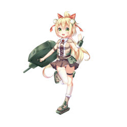 Rule 34 | 1girl, :d, asymmetrical legwear, blonde hair, blush, boots, bow, brown footwear, brown shirt, brown skirt, cannon, caterpillar tracks, chihong de tianshi, commentary request, fang, fur-trimmed boots, fur trim, green eyes, hair between eyes, hair bow, headgear, highres, holding, kneehighs, long hair, looking at viewer, low ponytail, mecha musume, open mouth, original, panties, pantyshot, personification, pleated skirt, ponytail, red bow, shirt, simple background, single kneehigh, single sock, single thighhigh, skirt, smile, socks, solo, standing, standing on one leg, tank turret, thigh strap, thighhighs, underwear, uneven legwear, very long hair, white background, white panties, white socks
