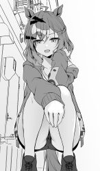 Rule 34 | 1girl, absurdres, animal ears, arm rest, bare legs, cardigan, crotch seam, double-parted bangs, eyelashes, feet out of frame, greyscale, hair ornament, hand up, highres, hood, hood down, hooded cardigan, horse ears, horse girl, horse tail, jungle pocket (umamusume), long hair, long sleeves, looking at viewer, monochrome, notched ear, open cardigan, open clothes, open mouth, outstretched arm, ryochapu, shirt, shoes, short shorts, shorts, sleeves past wrists, smile, solo, squatting, tail, umamusume, upshorts, v-shaped eyebrows