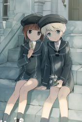 Rule 34 | 10s, 2girls, bad id, bad pixiv id, blonde hair, blue eyes, brown eyes, brown hair, clothes writing, cocolo (artist), cocolo (co co lo), dress, flower, hat, holding, kantai collection, looking at viewer, multiple girls, parted lips, sailor dress, sailor hat, short hair, sitting, sitting on stairs, smile, stairs, z1 leberecht maass (kancolle), z3 max schultz (kancolle)