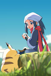 Rule 34 | 1girl, :t, akari (pokemon), black hair, cloud, creatures (company), day, eating, eyelashes, food, food on face, from below, game freak, gen 1 pokemon, grass, grey eyes, hands up, head scarf, holding, long hair, looking to the side, nintendo, onigiri, outdoors, pikachu, pokemon, pokemon (creature), pokemon legends: arceus, ponytail, red scarf, rice, rice on face, scarf, sidelocks, sitting, sky, white headwear, yoko.u