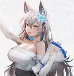 Rule 34 | 1girl, :d, animal ears, bare shoulders, blue flower, breasts, cleavage, commentary, euphemia chevalier, flower, grey hair, grey sweater, hair flower, hair ornament, highres, indie virtual youtuber, jewelry, large breasts, long hair, long sleeves, necklace, off-shoulder sweater, off shoulder, open mouth, smile, solo, sweater, upper body, yellow eyes, yoru (yowuyoru)