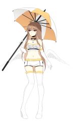 Rule 34 | 1girl, angel wings, artificial world, boots, breasts, brown hair, chest jewel, cleavage, closed mouth, copyright name, crop top, crown, detached collar, elbow gloves, feathered wings, full body, gloves, high heel boots, high heels, highres, long hair, low wings, midriff, mini crown, navel, pale skin, parasol, pigeon-toed, purple eyes, race queen, ren (terupancake), short shorts, shorts, simple background, small breasts, solo, standing, terupancake, thigh boots, thighhighs, umbrella, very long hair, white background, white footwear, white gloves, white shorts, wings