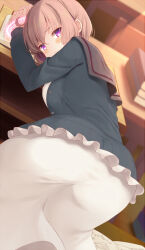 Rule 34 | 1girl, :|, ahoge, ass, blush, book, bound, bound wrists, breasts, brown hair, closed mouth, desk, dress, dutch angle, from behind, furrowed brow, hair between eyes, head on table, jacket, komone ushio, large breasts, long sleeves, looking at viewer, looking back, magic, open book, open clothes, open jacket, original, purple eyes, restrained, school uniform, serafuku, shirt, short hair, solo, tight clothes, tight dress, white shirt
