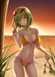 Rule 34 | 1girl, :o, bare shoulders, beach, bikini, bit (keikou syrup), blush, breasts, collarbone, front-tie top, glasses, gradient background, green eyes, green hair, gumi, holding, holding shoes, matching hair/eyes, navel, ocean, red sky, shoes, short hair, side-tie bikini bottom, side-tie bottom, sky, solo, sunset, swimsuit, vocaloid