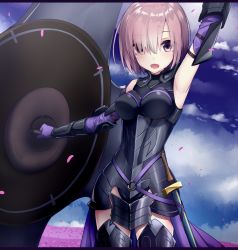 Rule 34 | 1girl, :d, armor, armored dress, commentary request, elbow gloves, fate/grand order, fate (series), gloves, hair over one eye, hand up, heavens thunder (byakuya-part2), looking at viewer, mash kyrielight, open mouth, purple eyes, purple hair, sheath, sheathed, shield, short hair, smile, solo, sword, vambraces, weapon