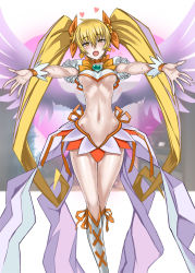 Rule 34 | 1girl, :d, beckoning, blonde hair, blush, boots, bow, breasts, brooch, choker, crop top, crossed legs, cure sunshine, earrings, feet out of frame, hair bow, head tilt, heart, heart-shaped gem, heart brooch, heartcatch precure!, highres, honjou raita, jewelry, crossed legs, long hair, looking at viewer, medium breasts, miniskirt, myoudouin itsuki, navel, open mouth, orange bow, orange choker, outstretched arms, precure, puffy short sleeves, puffy sleeves, short sleeves, skirt, smile, solo, spread arms, spread wings, standing, sweat, twintails, underboob, very long hair, watson cross, white footwear, wristband, yellow eyes
