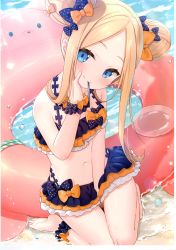Rule 34 | 1girl, abigail williams (emerald float) (fate), abigail williams (fate), absurdres, bare shoulders, barefoot, between legs, bikini, black bikini, black bow, blonde hair, blue eyes, blush, bow, closed mouth, day, double bun, emerald float, fate/grand order, fate (series), forehead, hair bow, hair bun, hand between legs, hand up, head tilt, highres, innertube, kneeling, long hair, looking at viewer, mouth hold, navel, non-web source, official alternate costume, orange bow, outdoors, parted bangs, plate, polka dot, polka dot bow, scan, sidelocks, smile, solo, swim ring, swimsuit, utensil in mouth, water, yano mitsuki (nanairo)