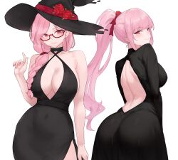 Rule 34 | 2girls, absurdres, ass, bare back, bare shoulders, bespectacled, black dress, black hat, bluefield, braid, braided ponytail, breasts, cleavage, closed mouth, commentary, dress, english commentary, flower, from behind, glasses, hat, highres, hololive, hololive english, large breasts, long hair, long sleeves, looking at viewer, mama mori, mori calliope, mother and daughter, multiple girls, multiple views, pink hair, ponytail, red-framed eyewear, red eyes, red flower, red rose, rose, simple background, sleeveless, sleeveless dress, smile, virtual youtuber, white background, witch hat