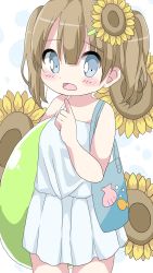 Rule 34 | 1girl, bare arms, bare shoulders, blue eyes, blush, brown hair, carrying, carrying under arm, child, commentary request, cowboy shot, dress, flower, hair between eyes, hair flower, hair ornament, hairclip, hamada pengin, hand up, highres, index finger raised, innertube, long hair, looking at viewer, open mouth, original, shiny skin, sleeveless, sleeveless dress, solo, sunflower, sunflower hair ornament, swim ring, twintails, white dress, yellow flower