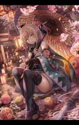 Rule 34 | 1girl, arm guards, black thighhighs, blonde hair, bow, cherry blossoms, dutch angle, fate (series), flower, hair bow, hair flower, hair ornament, haori, highres, holding, holding umbrella, japanese clothes, katana, kimono, knees up, koha-ace, letterboxed, light smile, looking at viewer, obi, oil-paper umbrella, okita souji (fate), okita souji (koha-ace), outdoors, parted lips, pink flower, sash, sheath, sheathed, short kimono, sitting, sleeveless, sleeveless kimono, solo, sword, thighhighs, thighs, toeless legwear, toes, torino aqua, umbrella, weapon, white kimono, yellow eyes