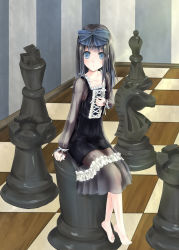 Rule 34 | 1girl, barefoot, black hair, blue eyes, board game, chess, chess piece, highres, horse, king (chess), knight (chess), long hair, original, rook (chess), solo
