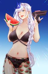 Rule 34 | 1girl, absurdres, alternator, apex legends, aqua eyes, aztree, bikini, black bikini, blue nails, braid, braided bangs, braided ponytail, breasts, cleavage, earrings, feather hair ornament, feathers, food, fruit, gun, hair behind ear, hair ornament, highres, holding, holding food, holding fruit, holding gun, holding weapon, hololive, hololive indonesia, jewelry, long hair, looking to the side, nail polish, one eye closed, pavolia reine, see-through, see-through skirt, silver hair, skirt, smile, solo, submachine gun, swimsuit, very long hair, virtual youtuber, watermelon, watermelon slice, weapon