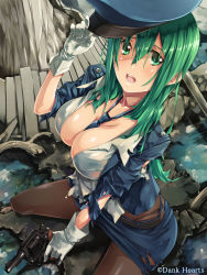 Rule 34 | 1girl, belt, between breasts, black hat, black pantyhose, blue hat, breasts, cleavage, gloves, green eyes, green hair, gun, handgun, hat, jacket, large breasts, long hair, looking at viewer, matching hair/eyes, miniskirt, necktie, necktie between breasts, no bra, official art, open clothes, open mouth, open shirt, original, panties, panties under pantyhose, pantyhose, pencil skirt, police, police hat, police uniform, policewoman, puddle, re lucy, revolver, s&amp;w m10 (weapon girls), shirt, skirt, solo, squatting, torn clothes, torn jacket, torn shirt, torn skirt, torn sleeves, underwear, uniform, weapon, weapon girls, white gloves