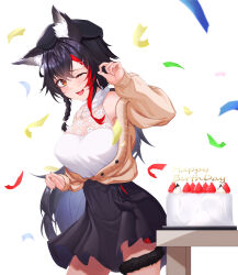 Rule 34 | 1girl, absurdres, animal ear fluff, animal ears, beret, black hair, black skirt, braid, bratja, brown eyes, cake, confetti, food, fruit, happy birthday, hat, highres, hololive, long hair, multicolored hair, one eye closed, ookami mio, ookami mio (street), open mouth, red hair, single braid, skirt, smile, solo, standing, strawberry, strawberry shortcake, table, tail, virtual youtuber, wolf ears, wolf girl, wolf tail