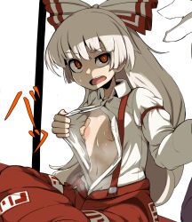 Rule 34 | 1girl, areola slip, armband, baggy pants, bandaid, bandaids on nipples, bow, breasts, bright pupils, buttons, collared shirt, commentary request, covered erect nipples, epic armageddon, flashing, fujiwara no mokou, grey hair, hair bow, highres, long hair, long sleeves, looking at another, navel, ofuda, ofuda on clothes, open mouth, pale skin, pants, partially unbuttoned, pasties, raised eyebrow, red eyes, red pants, ringed eyes, shirt, sitting, small breasts, solo focus, sound effects, stomach, suspenders, sweat, touhou, translation request, very long hair, white pupils, white shirt, wing collar