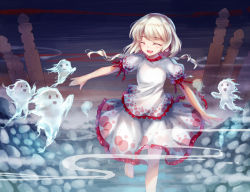Rule 34 | 1girl, :d, ^ ^, akinomiya asuka, barefoot, blonde hair, closed eyes, commentary request, ebisu eika, fog, foot out of frame, frilled skirt, frills, ghost, gradient background, graveyard, low twintails, open mouth, outstretched hand, puffy short sleeves, puffy sleeves, shirt, short hair, short sleeves, skirt, smile, solo, standing, standing on one leg, stone, touhou, twintails, white shirt, white skirt