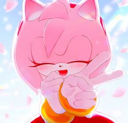 Rule 34 | 1girl, ameusute1002, amy rose, animal ears, animal nose, bare shoulders, blue sky, blush, bracelet, closed eyes, day, dress, eyelashes, furry, furry female, gloves, gold bracelet, hairband, hands up, hedgehog ears, hedgehog girl, jewelry, open mouth, outdoors, petals, pink fur, red dress, red hairband, sky, sleeveless, sleeveless dress, smile, solo, sonic (series), standing, v, white gloves