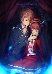 Rule 34 | 10s, 1boy, 1girl, ascot, bad id, bad pixiv id, blonde hair, blue eyes, buttons, closed eyes, copyright name, curtains, dance with devils, double-breasted, dress, english text, eyebrows, frills, glowing, hair between eyes, hair ornament, hand on another&#039;s face, hat, hetero, kaginuki rem, long sleeves, looking at another, moyui (myi 005), neck ribbon, red dress, red hair, ribbon, school uniform, short hair, sitting, string, tachibana ritsuka, torn